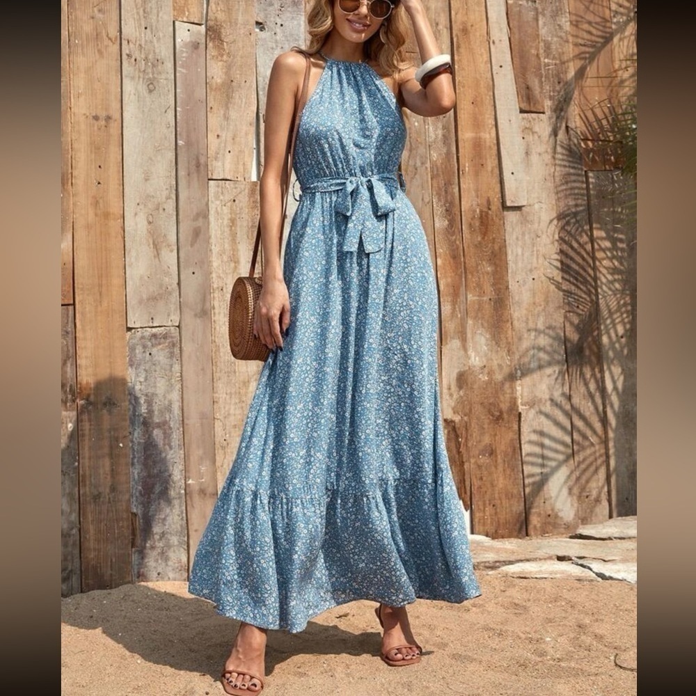 Baby Blue Bohemian Ditsy Floral Ruffle Hem Halter Belted Dress